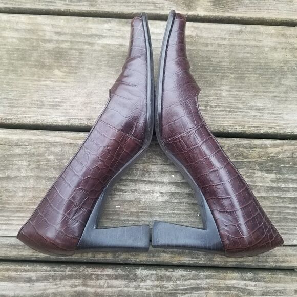 Vintage 90s y2k Brown Leather Croc Embossed Square Toe Chunky Heel Pumps 7 - Picture 6 of 14